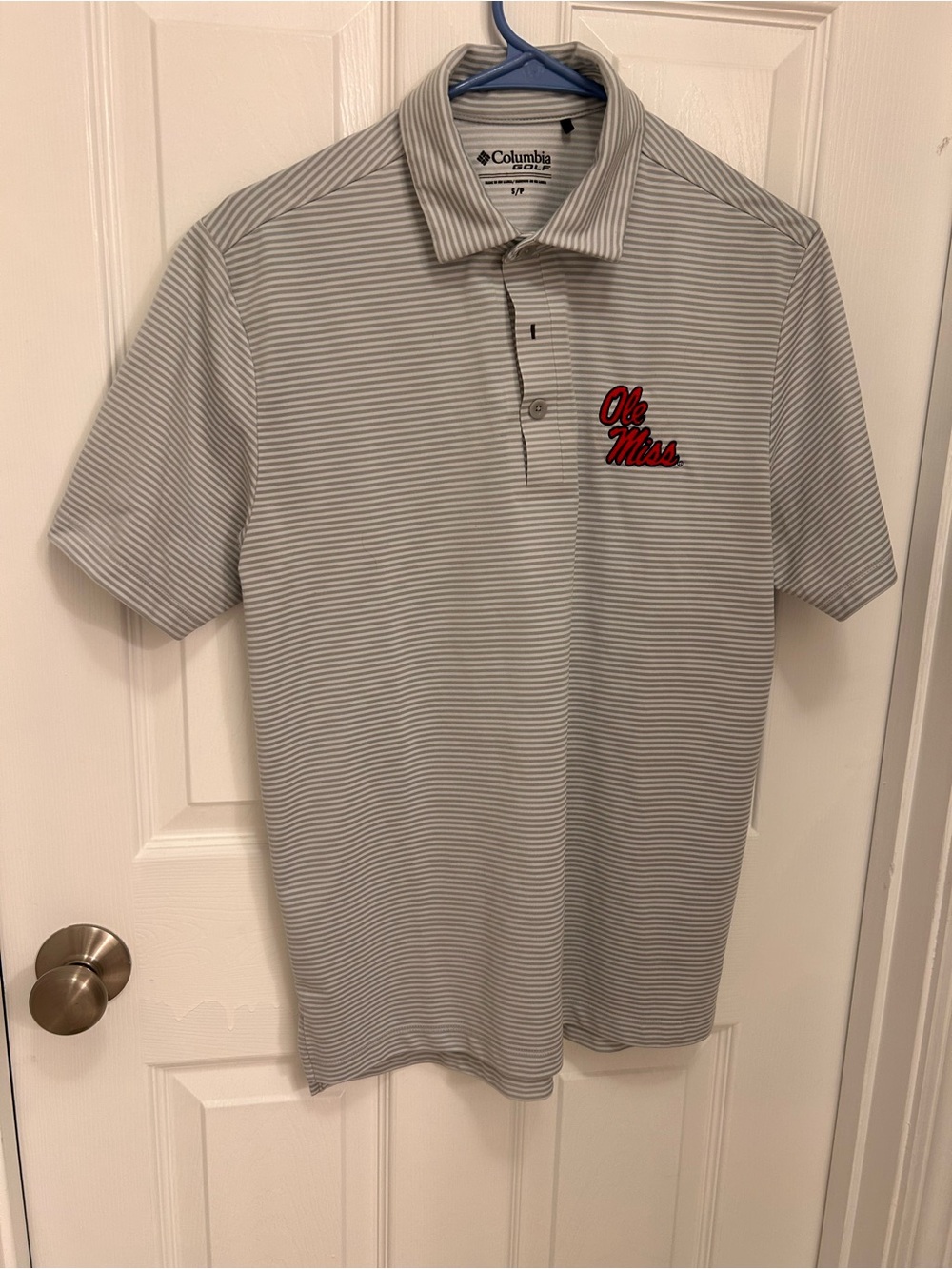 Columbia Men’s Light Gray Striped Polo with Red Ole Miss Logo